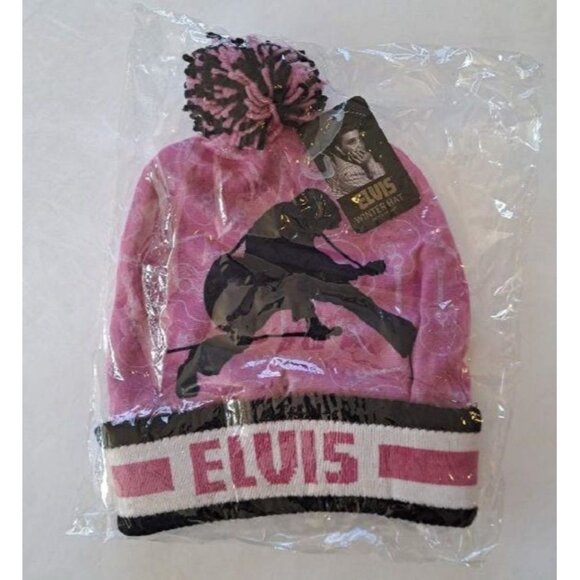 New Pink Elvis Presley Beanie Hat Adult Winter One Size The King Warm NWT Guitar - Picture 2 of 2